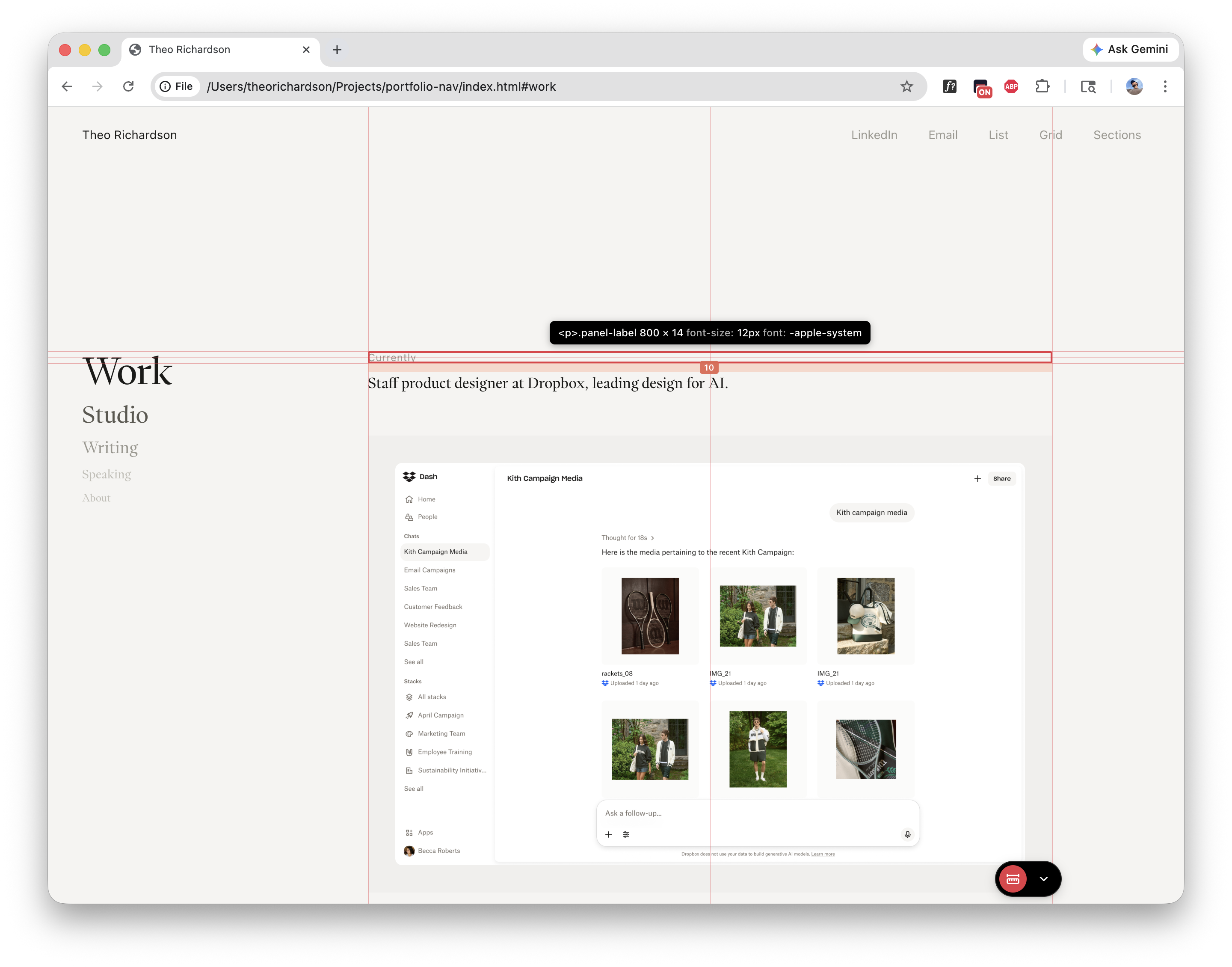 Redline screenshot with measurement overlay on a web layout
