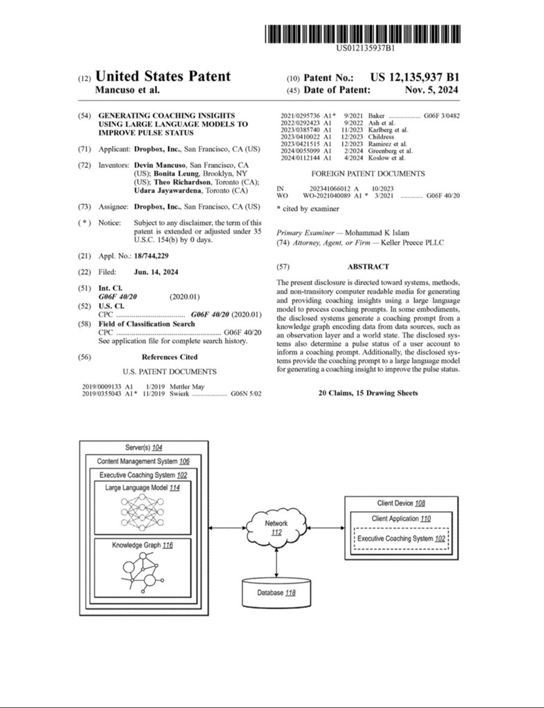 US 12,135,937 B1: Generating coaching insights using large language models to improve pulse status — patent first page with system diagram