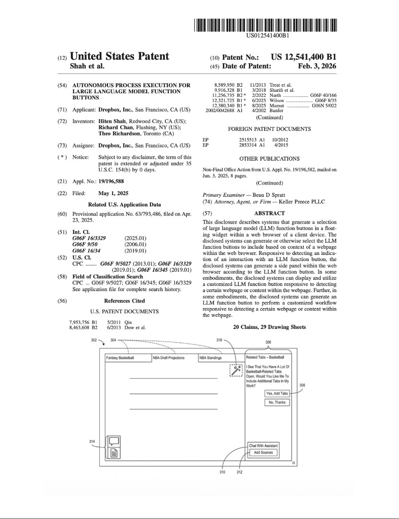 US 12,541,400 B1: Autonomous process execution for large language model function buttons — patent first page with browser UI figure