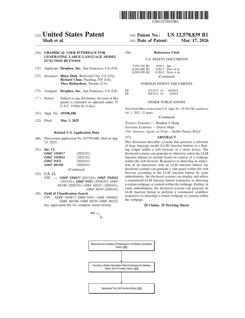 US 12,578,839 B1: Graphical user interface for generating large language model function buttons — patent first page with flowchart