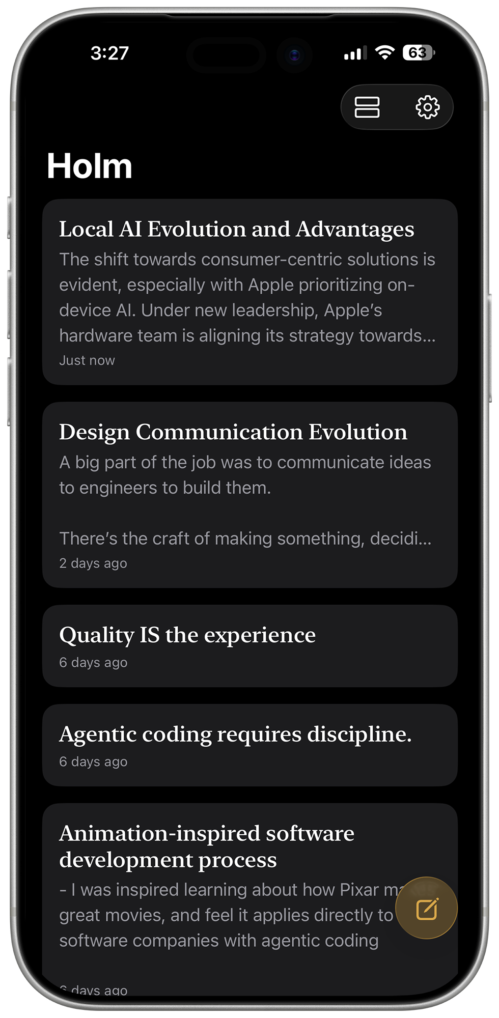 Holm mobile app showing notes and writing cards on a dark background