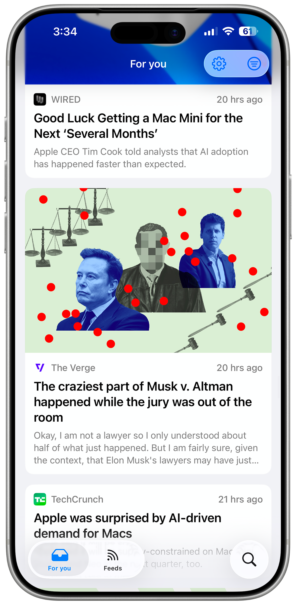 Raincheck mobile app showing the For you news feed with article cards