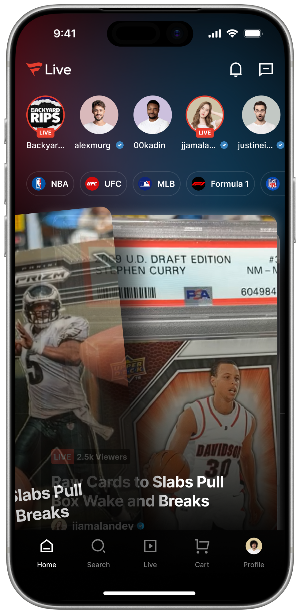 Fanatics Live mobile app showing live breaks and collectibles feed